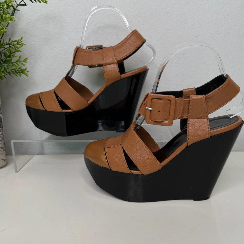 Robert Clergerie Wedge Sandals‎ Tan Leather Platform Architectural 39.5 FR/9US